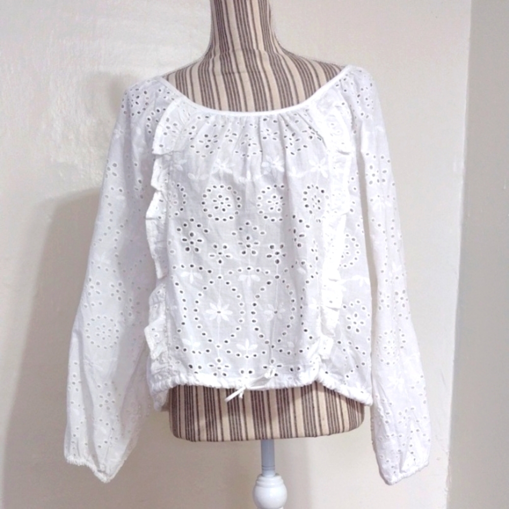 Joie White Eyelet Floral Balloon Sleeve Blouse Size L